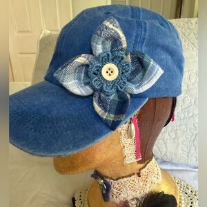 Hat Blue 100 percent Cotton Hat with Handmade Plaid Flower OS